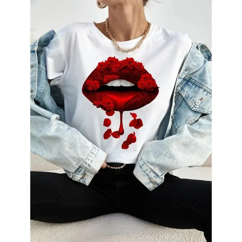 Maycaur womens T-shirt casual round neck top Harajuku fashion cherry lip print top Kawaii short sleeved womens T-shirt 250410