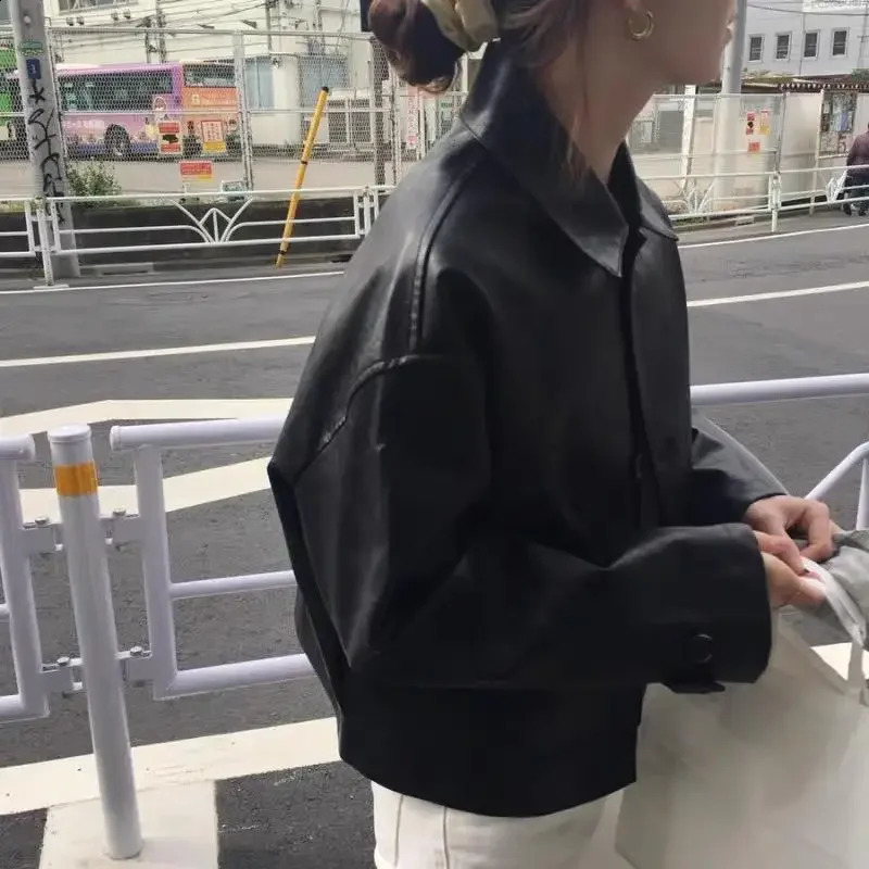 Korean Autumn Retro Bicycle Jacket Simple and Loose Tailored Leather Jacket Suitable for Women Fashionable and Stylish 250410