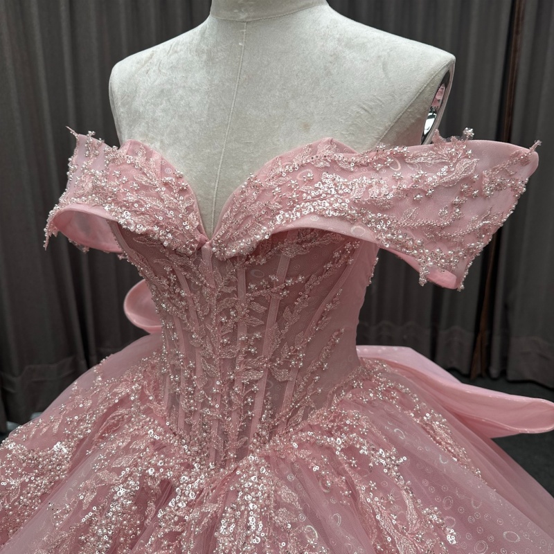 Pink Shiny Princess Quinceanera Dresses Off Shoulder Applique Beading Crystal Bow Tull Corset Sweet 16 Dress Ball Gown Vestidos 15 De Anos