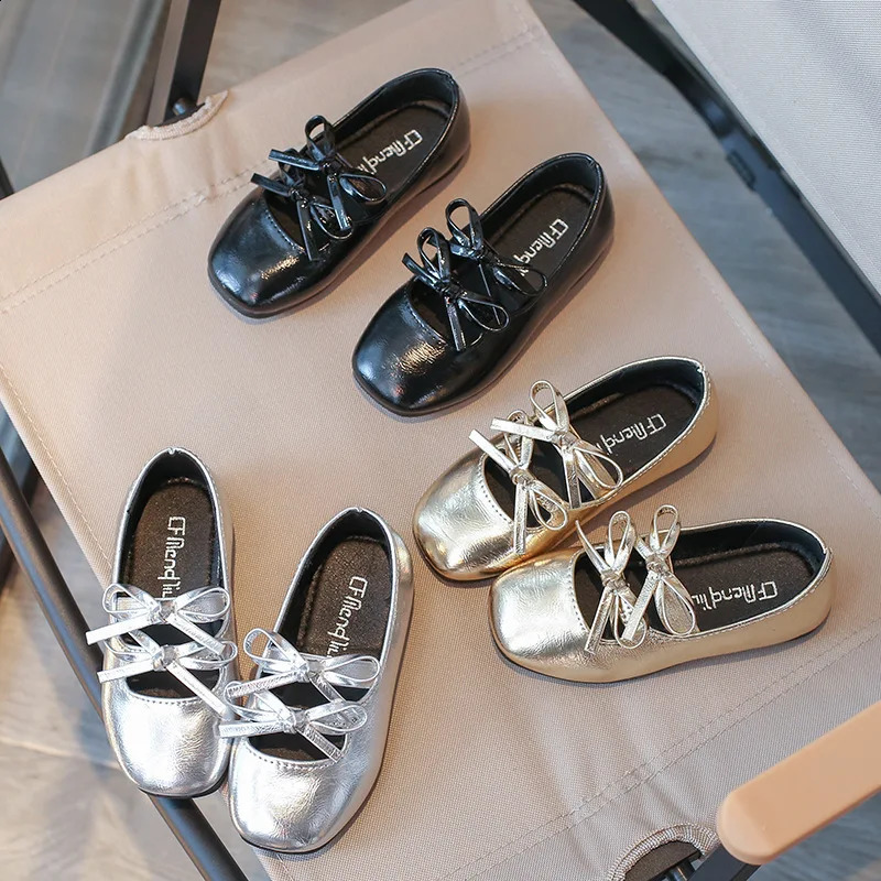 Children Baby Girl Black Gold and Silver Wedding Party Princess Leather Soft soled Shoes Girl Bow Single Shoes H08093 250411