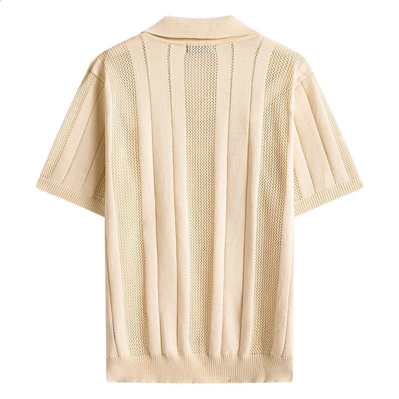 Summer woven striped knit shirt with collar paired with short sleeved polo shirt hollow mesh breathable T-shirt 250411