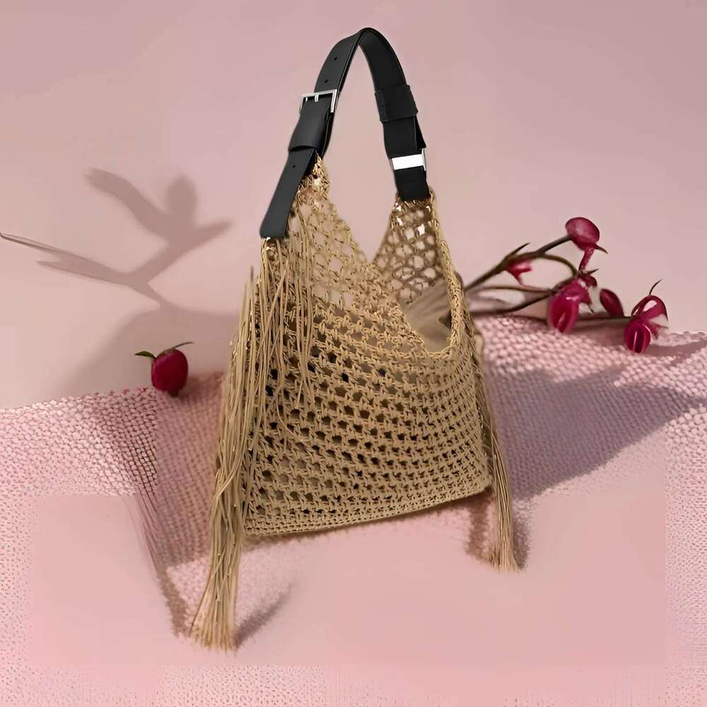 Natural Cotton Crochet Shoulder For Women - Large Capacity Handwoven Beach Bag With Tassels, Summer Fashion Shopper Tote