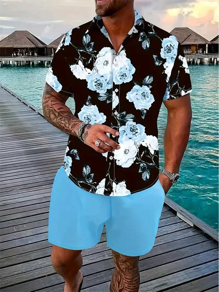 Mens Hawaiian shirt set mens 3D printed short sleeved shirt two-piece summer beach collar shirt set unisex casual clothingXJ250412