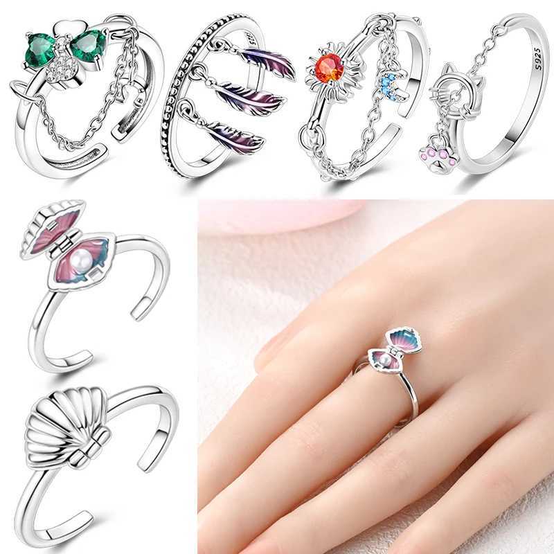 Adjustable ring 925 sterling silver shell pearl feather open ring womens original engagement jewelryXJ250412