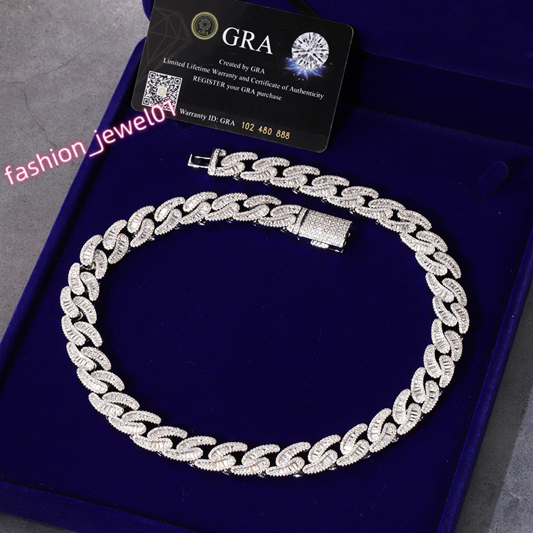 15MM Wide Baguette Moissanite Sterling Silver 925 Plated Real Gold With Vvs Moissanite Diamond Cuban Link Chain for Hip Hop Life