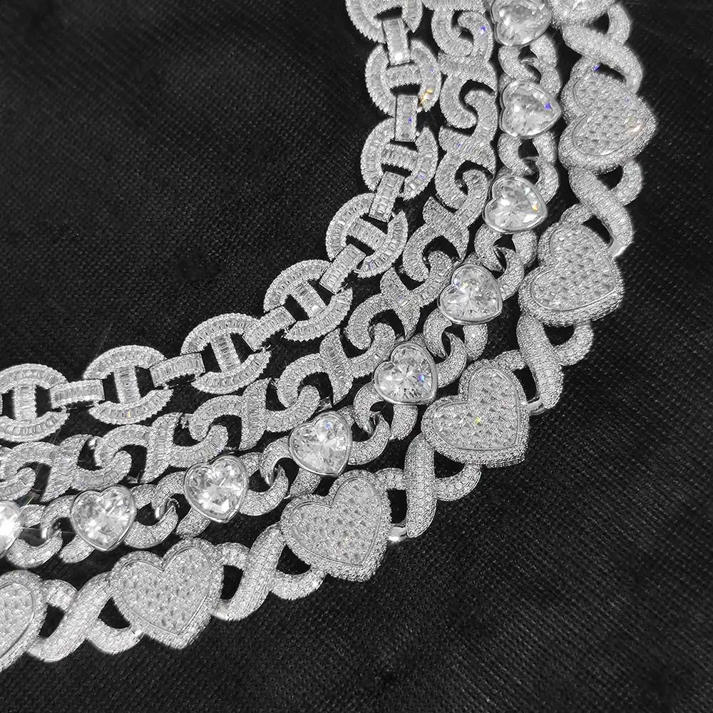 HHIOK 15mm heart-shaped infinite chain necklace silver plated cubic chain necklace ice sparkling zircon necklace jewelry womens 250409
