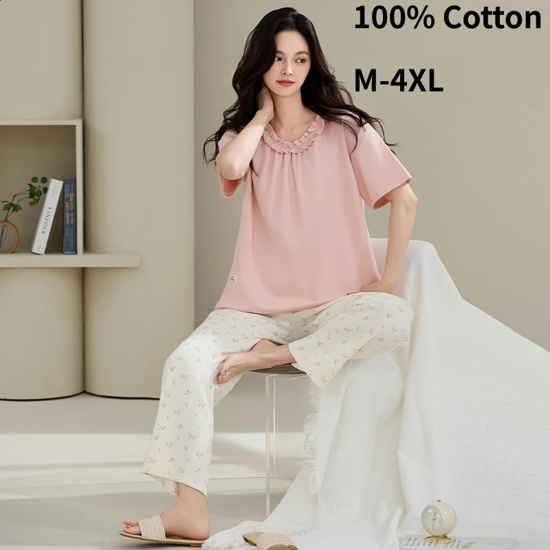 100% COTTON M-4XL Plus Size Summer Women Pajamas Anti-bacterial HQ Short Sleeves Long Bottoms Sleepwear Leisure Pjs 250411