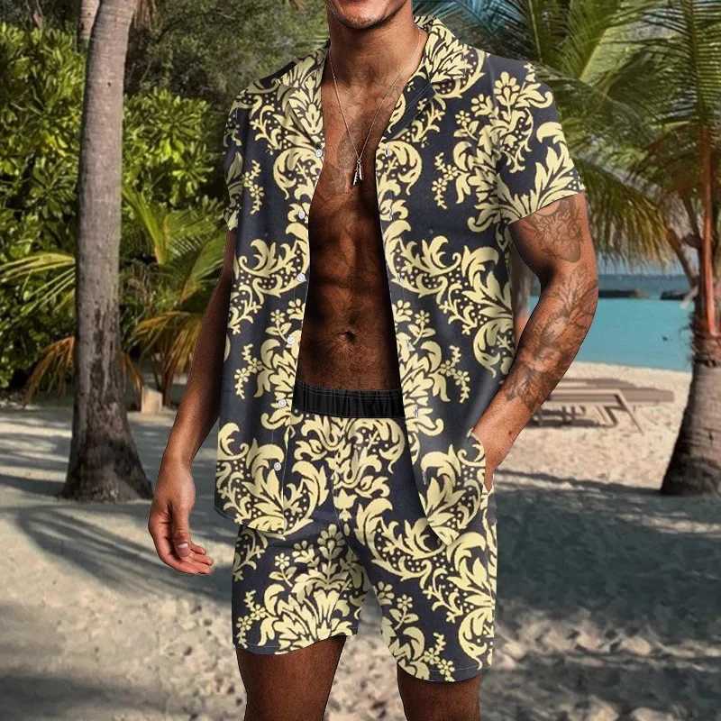 Retro Hawaii 2PCS set beach style mens 3D printed luxury summer set collar short sleeved Hawaiian shorts setXJ250412