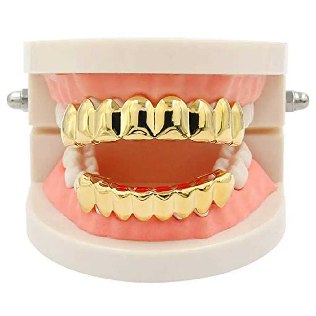 Top and bottom dentures Halloween oral grill presents copper plated gold teeth party supplies Christmas gold set W250412
