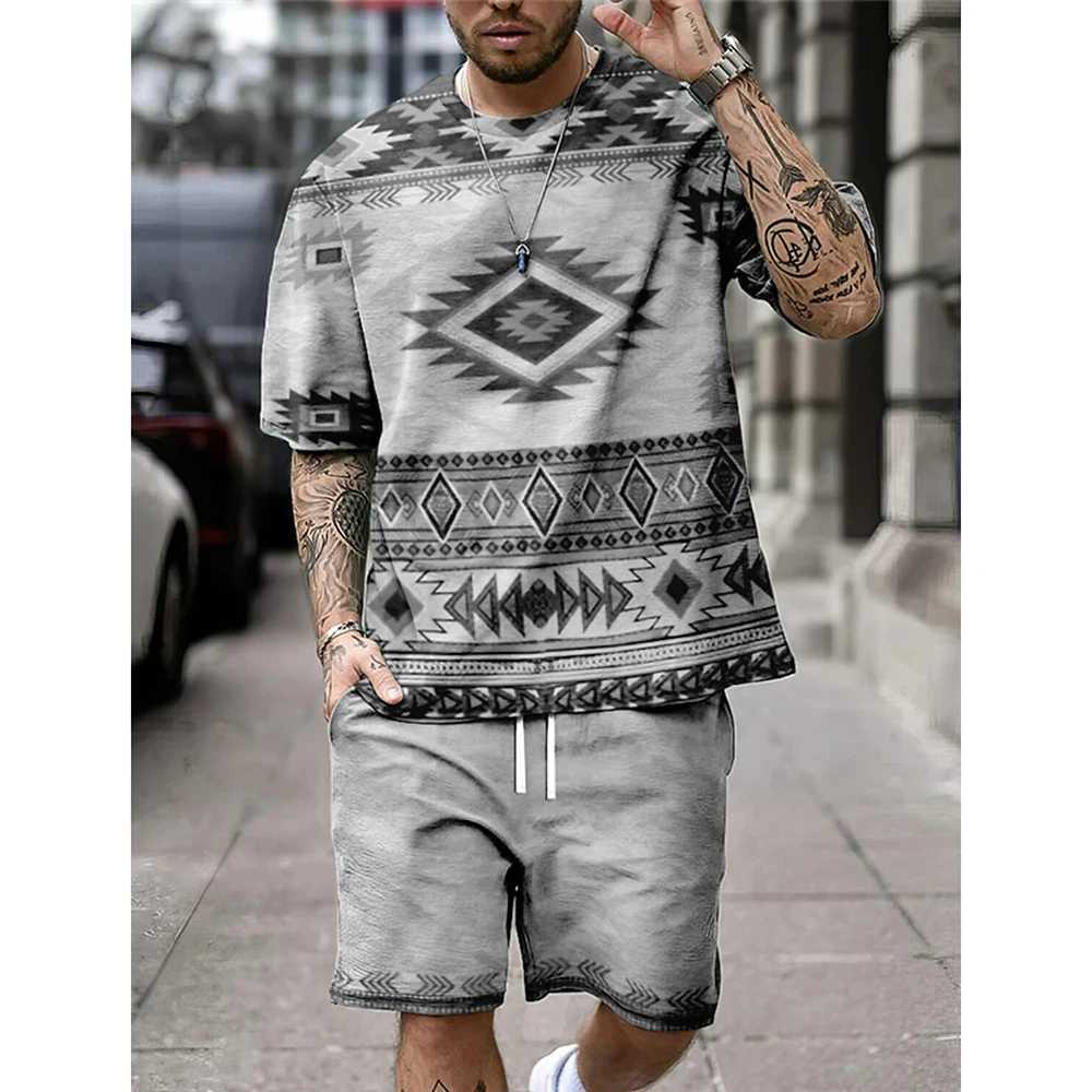 Summer retro ethnic style mens shorts set casual T-shirt+shorts 2PCS set 3D printed mens oversized O-neck sports shirtXJ250412