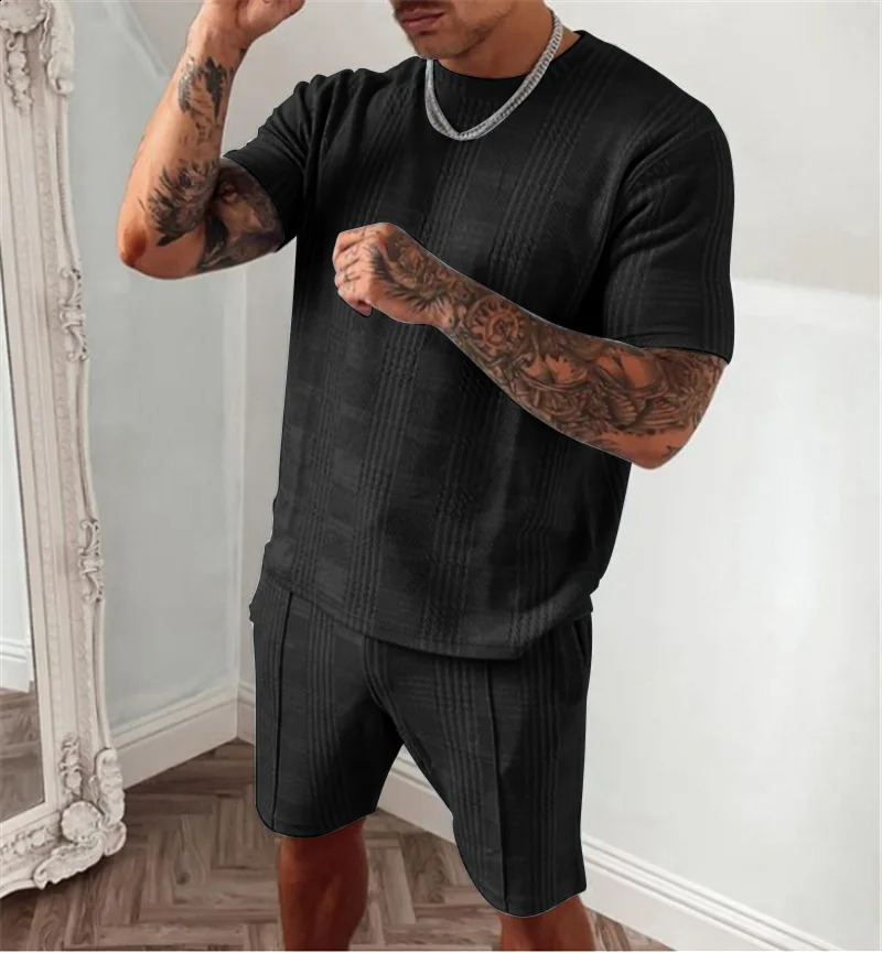 Mens casual set summer fashionable short jacket short set breathable casual set brushed solid color pattern set 250411