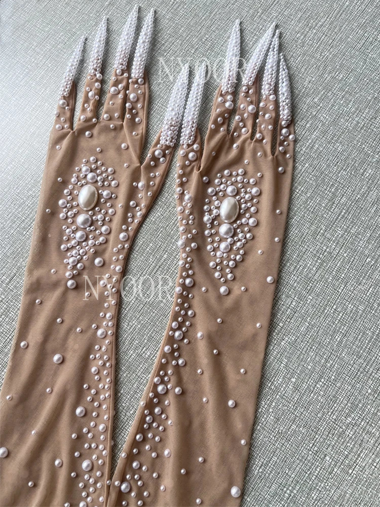 White Pearls Women Gloves Evening Party Club Wear Drag Queen Show Sing Dance Stage Performance Costume Poshoot Gloves 250408
