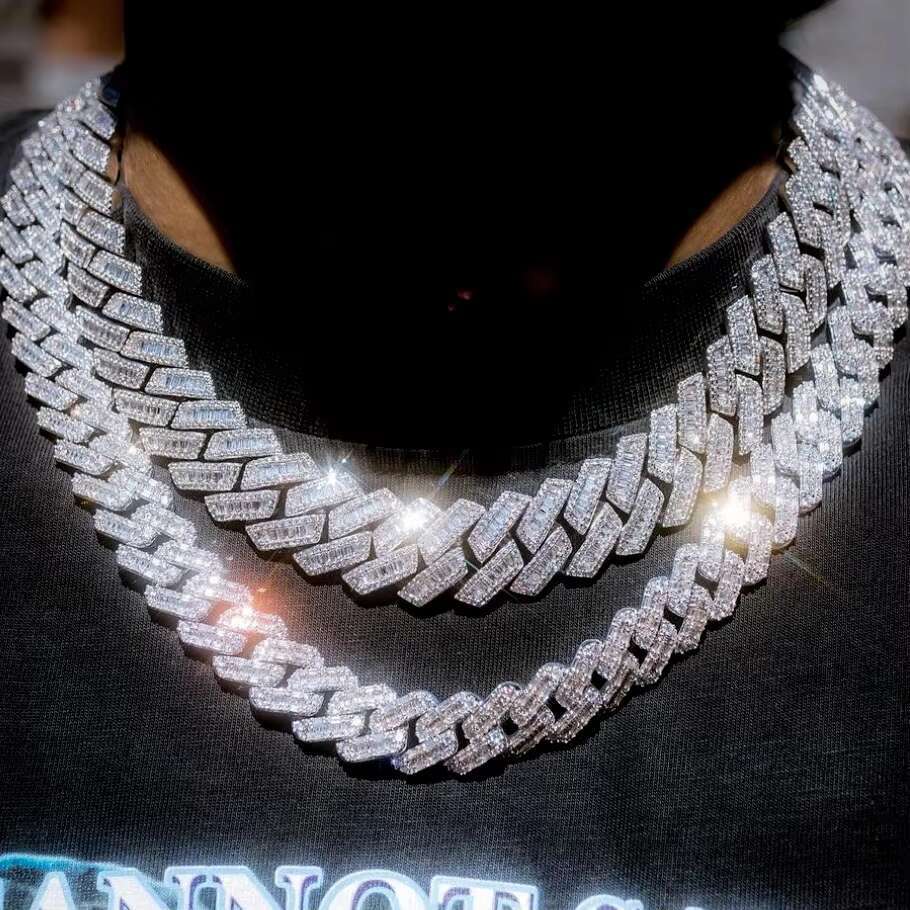 Customization 20mm Luxury Chain Baguettes Moissanite Diamond 925 Silver Iced Out Miami Cuban Chain