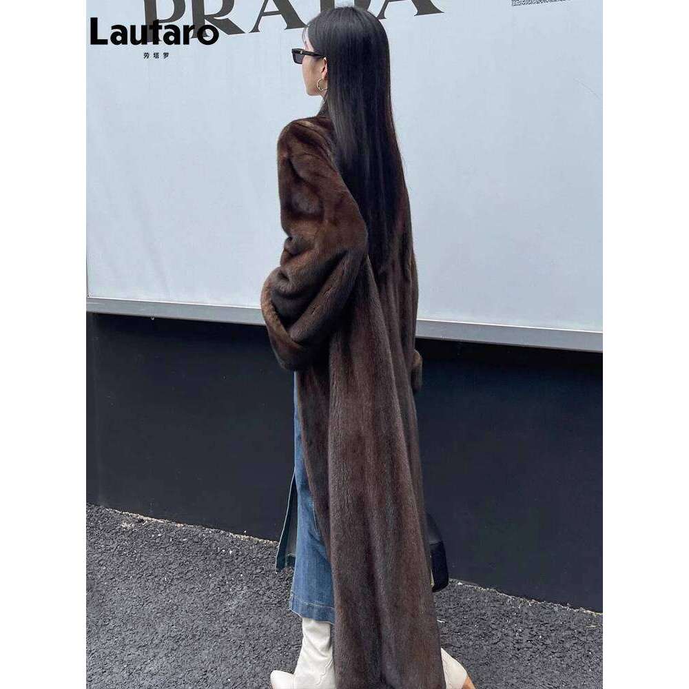 Lautaro Winter Long Vintage Elegant Luxury Chic Thick Warm Soft Brown Fluffy Faux Mink Fur Coat Women V Neck Furry Overcoat 2025