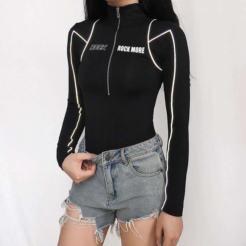 Black High-Neck Reflective Zipper One-Piece Tops Women's Tight Bottoming Sexy Body T-Shirt Long Sleeve Bodysuit Women