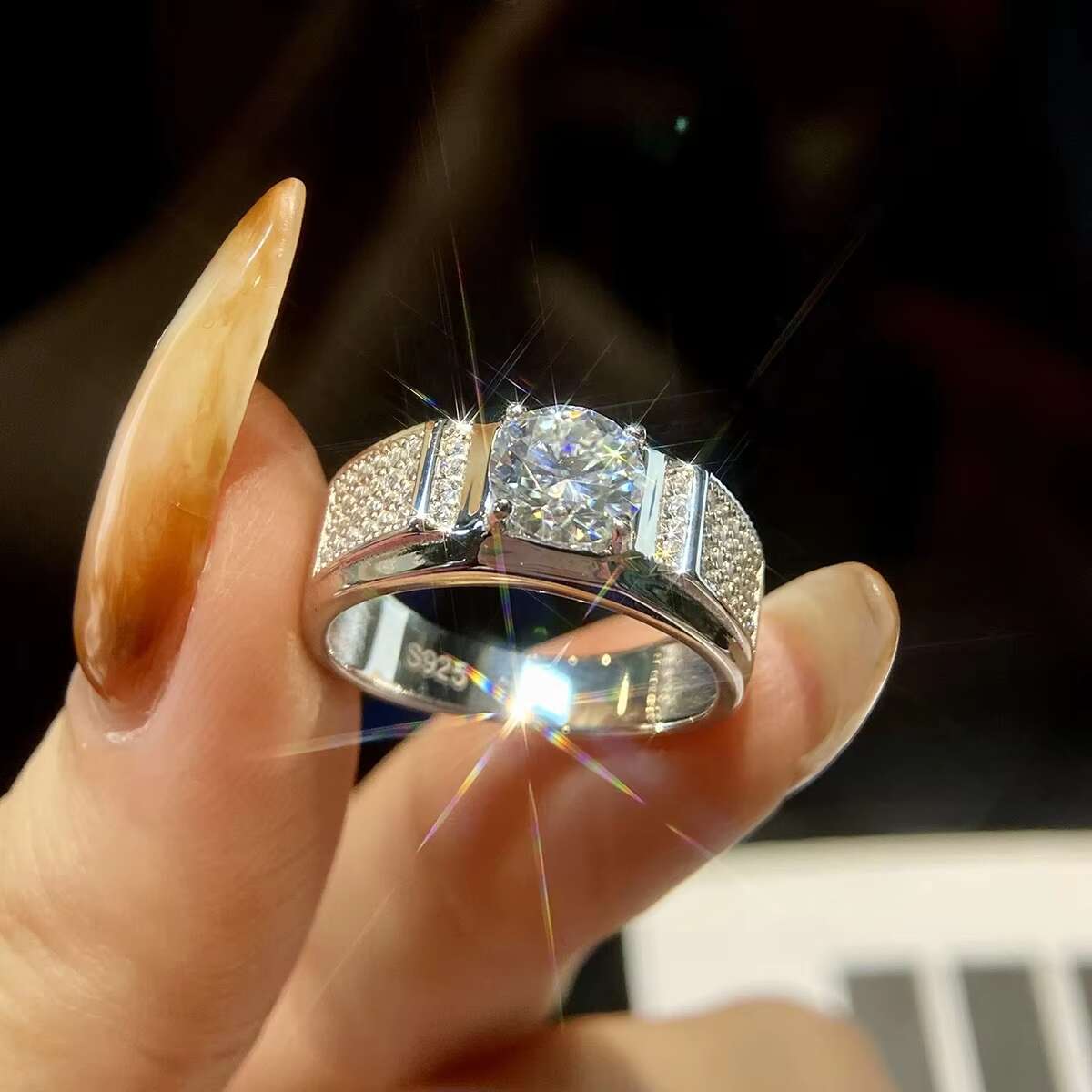 Custom 925 Sterling Silver Moissanite Diamond Ring 1CT 1 Round Brilliant Cut Engagement Adjustable for Men-for Wedding Party
