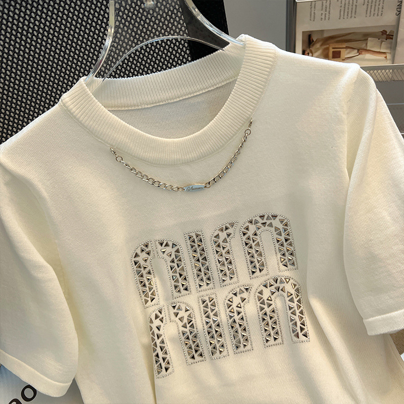 2025 Designer Summer T-shirt Top Women's Fashion Heavy Industry Letter Hot Diamond Letter Short Sleeve Top European Loose Premium Shirt T-shirt C