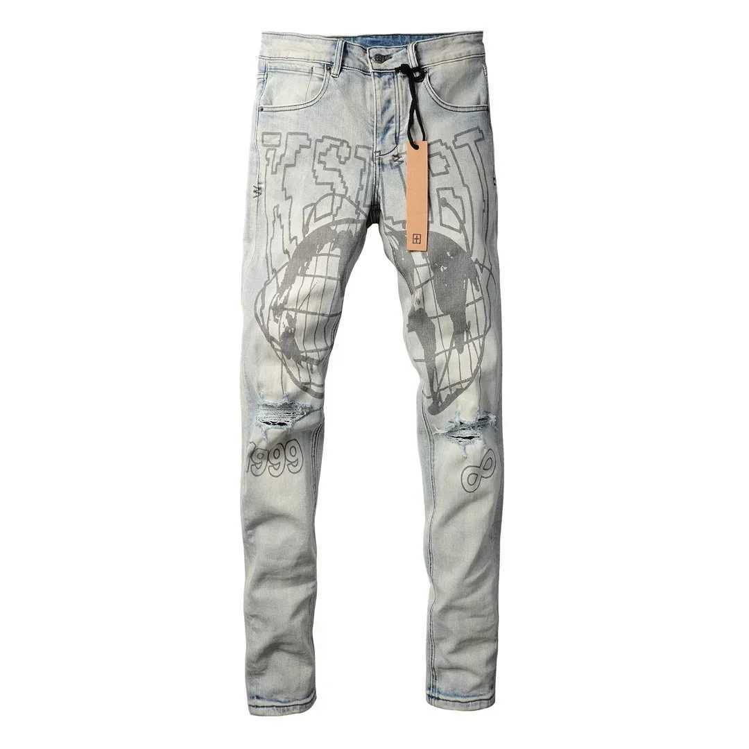 Newcomer US High Street KSUBI Cross Jeans Mens Distressed Blue Fashion Printed Elastic Tight Tear Hole Wear Jeans W250412