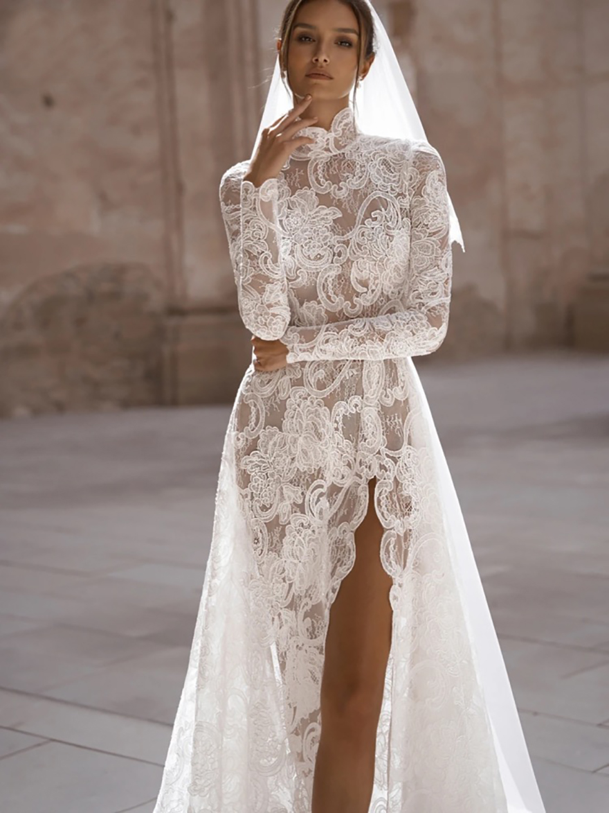 Vintage High Neck A-Line Wedding Dress Elegant Lace Appliques Dresses Side Slit Floor-length Bride Dresses Customized Vestidos De Novia
