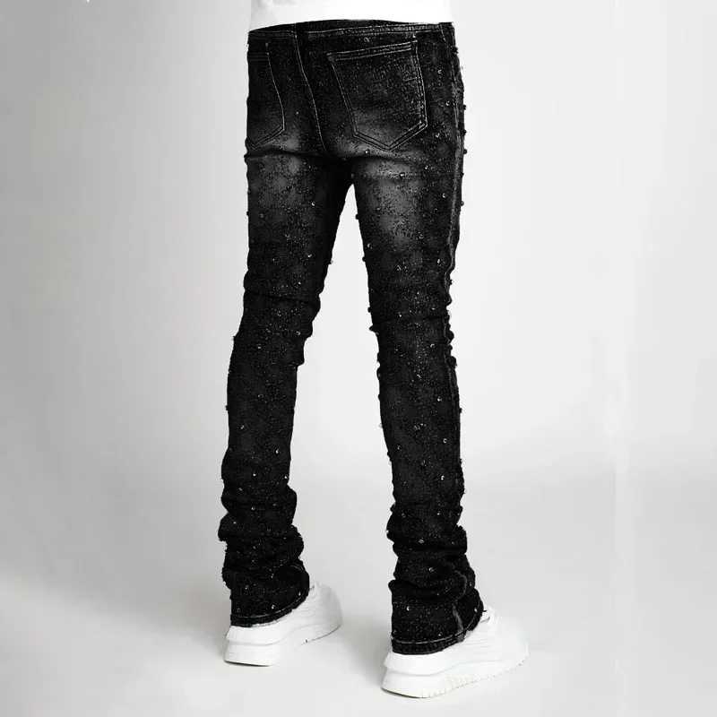 Mens personalized stacked jeans slim fit elastic pearl denim laminated pants mens fashionable straight jeans W250412