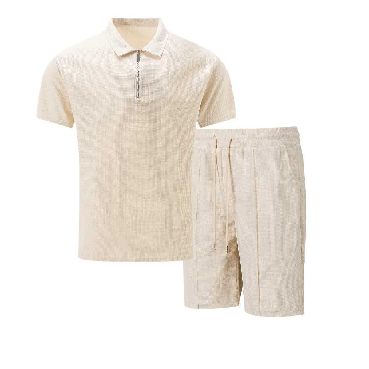 2025 Mens European and American New Summer Waffle Solid Color Zipper Collar Short Sleeve Set Two SetsXJ250412