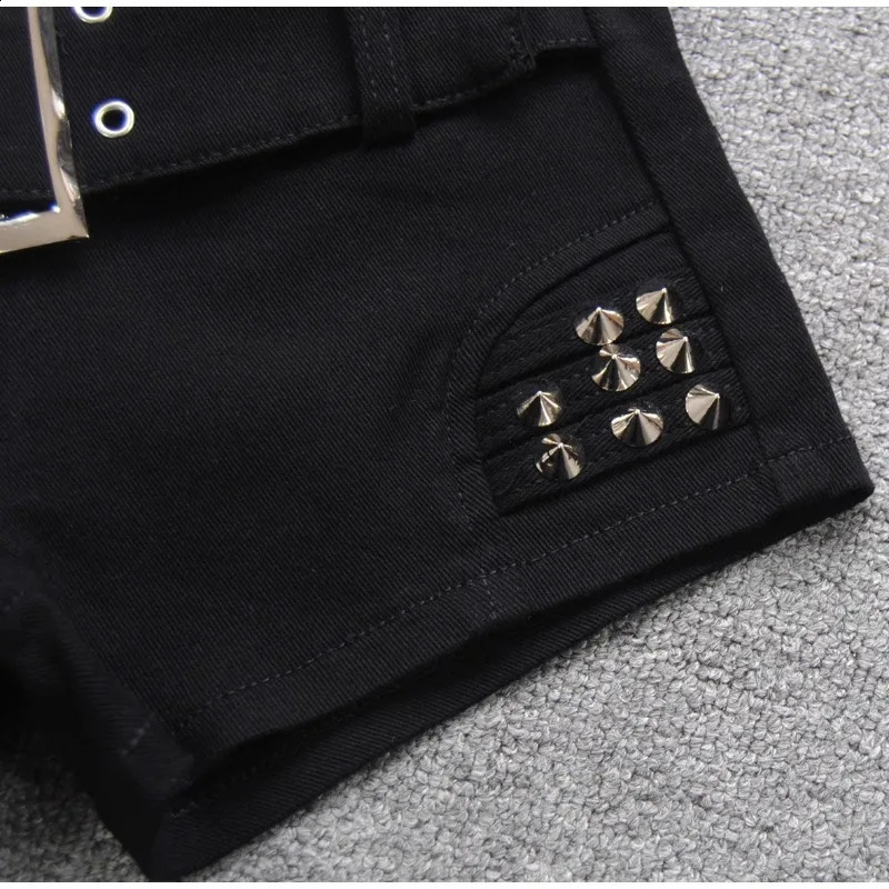 Denim Shorts Women Low-waisted Black Slim Fit Sexy Girls Rivet Belt Unique All-match Nightclub Bodycon Summer Y2k 250409