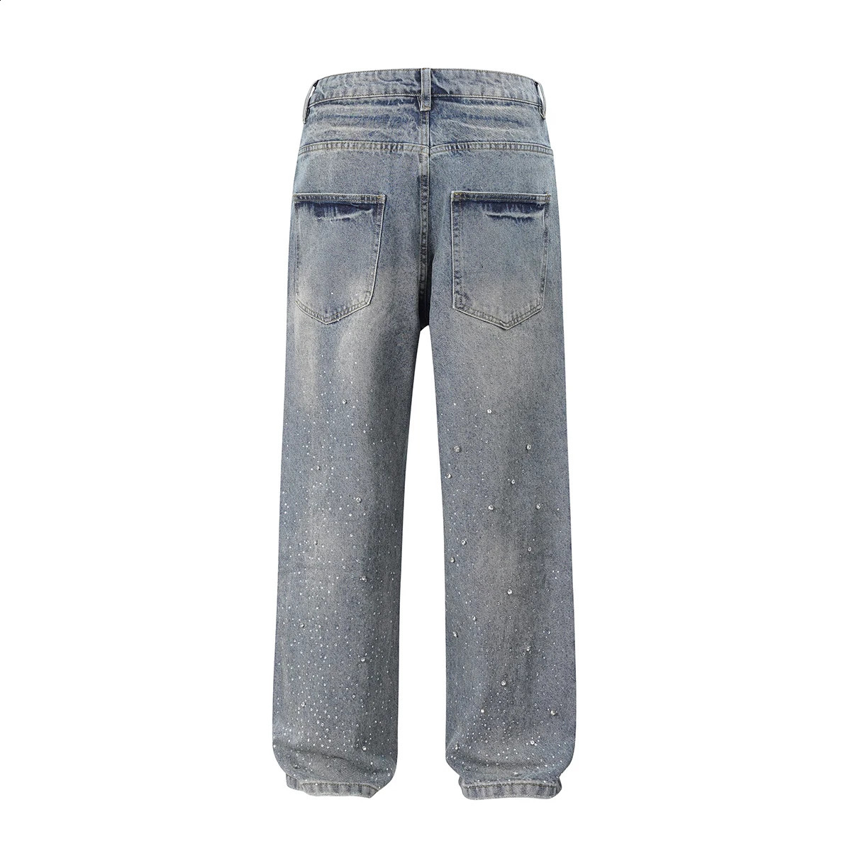 Full rhinestone printed straight blue pocket jeans mens streetwear loose casual denim oversized cargo pants 250410