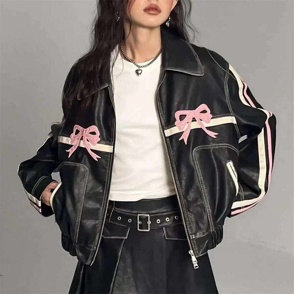 Designer Clothes Women Vintage Lapel Collar Jackets Haruku Bow Zipper Pu Overcoat Female Casual Tops Winter Autumn Streetwear Chic Y2k Clothes