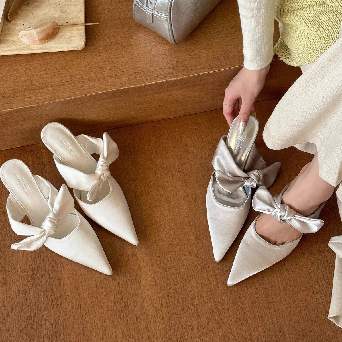 Summer new satin pointy bow Mueller Stiletto heels women's stylish half slippers in a variety of colors Free shipping 34-39