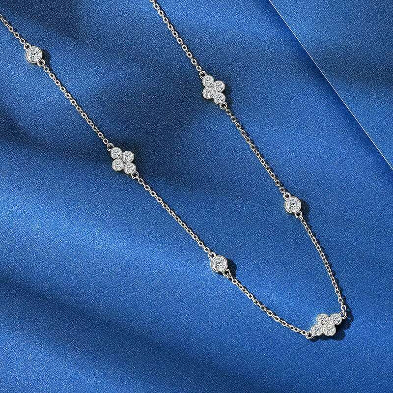 2024 New Trendy 925 Sterling Silver 3mm 2mm Round Cut Moissanite Stone Four Leaf Clover Choker Necklace for Women