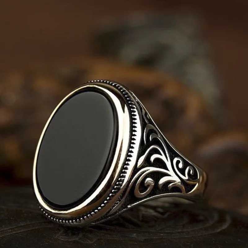 Punkboy Retro Style Mens Ring Craved Pattern Black Eggshell Crystal Silver Ring Mens Party Jewelry Size 6-13XJ250412