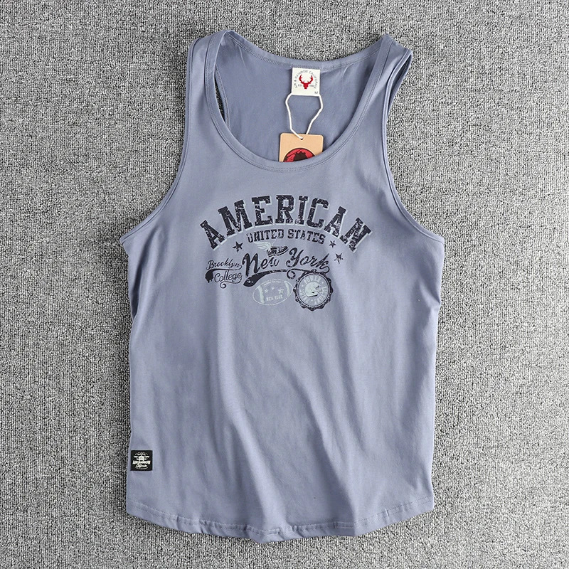 Retro trend letter pattern mens sweat vest all cotton wash fitness sports sleeveless vest T-shirt 250407