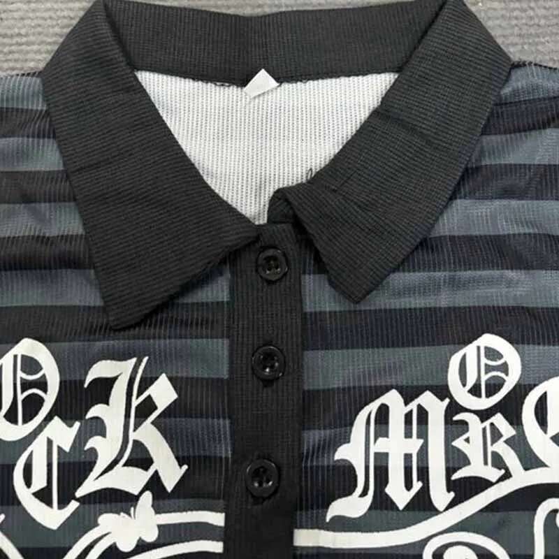 Goth Print Tops Stripe Cute Y2k T-Shirts Dark Academia Techwear Button Up V Neck Half Sleeve Sweat Shirts Fairy Grunge Tees EMO
