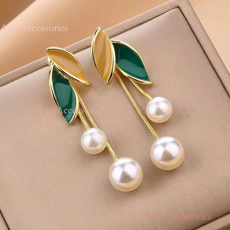 Fashion Gold Plated Enamel Ear Clip No Piercing Pearl Leaf Tassel Earrings Women Jewelry