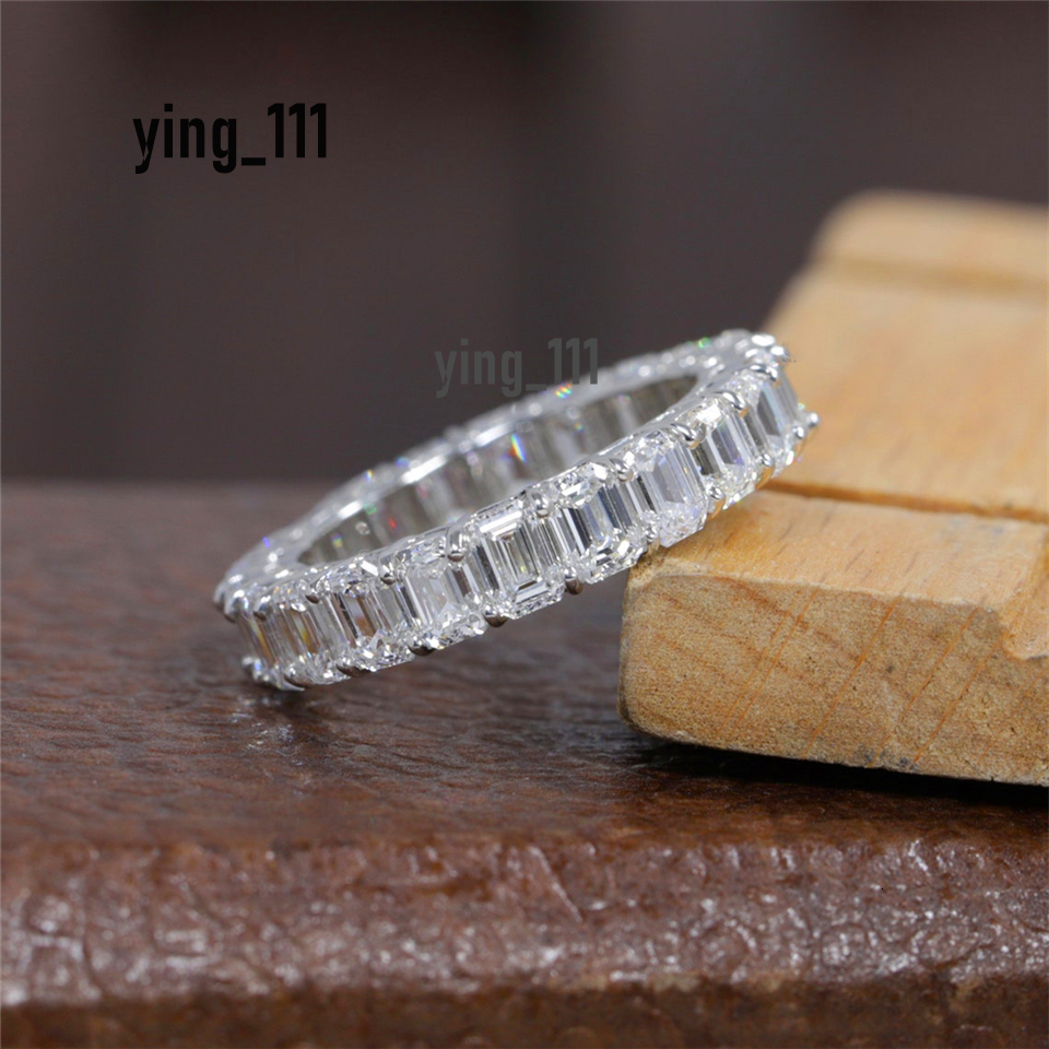 Jewelry 4*3MM Each Emerald Cut Lab Diamond Full Eternity Band Ring 14K 18K Real White Gold Pt950 CVD HPHT Diamond Womens Wedding Stackable Engagement 