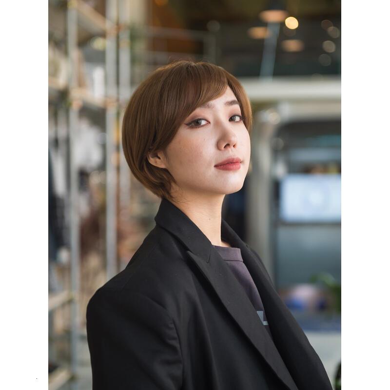 8 inch Straight Short Bob Hair Flat Bangs Cute Central Dot Skin Top Heat Resistant Synthetic Wigs (Coffee brown)