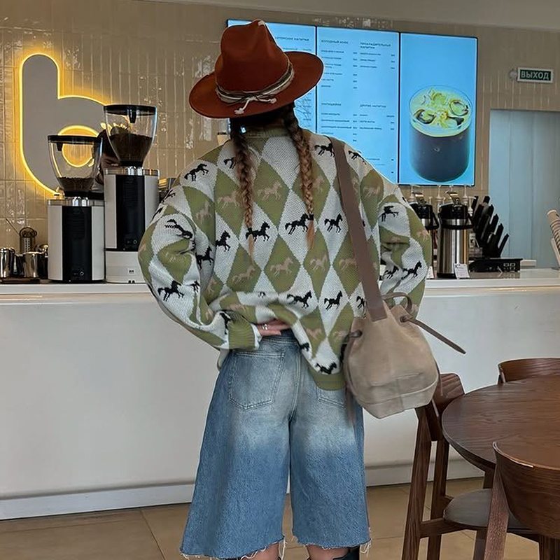 Women's contrast color sweater round neck long sleeve autumn winter casual style pullover sweater street style loose fashion elements all-match h