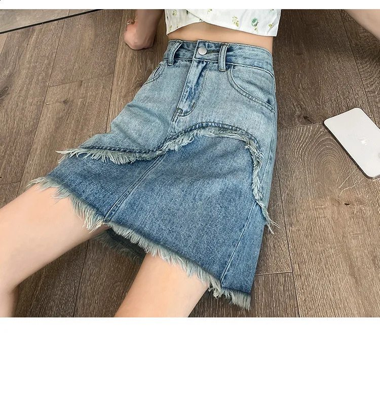 Womens Summer Fashion Rough Selvedge Denim A-line Hip Wrap Skirt. Casual Vintage y High-waisted Denim Half Body Skirt 250407