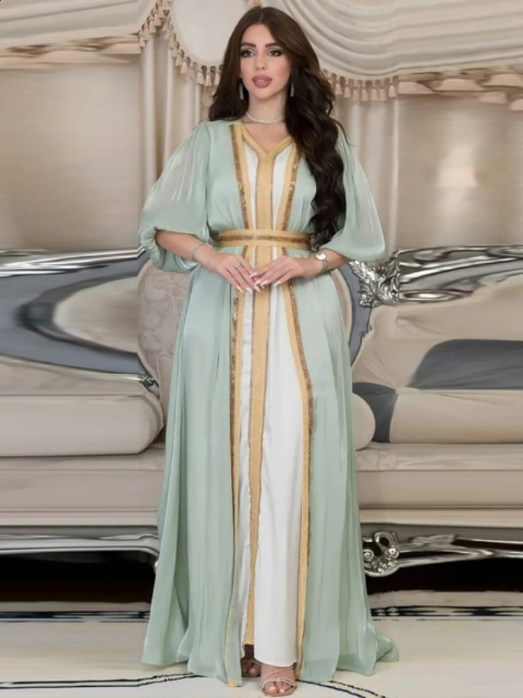 Moroccan Caftan y Silk Satin Elegant Lantern Sleeves 3Piece Dress Diamond Abaya Muslim Set Ramadan Womens Wear 250411