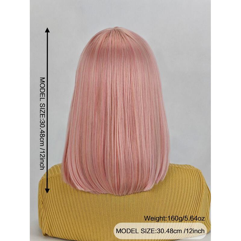 12 Inch Pink Short Bob With Bangs Light Yaki Straight Blunt Cut Glueless Realistic Look Daily Costume Wig For Women Synthetic Heat Resistant Hair Wigs