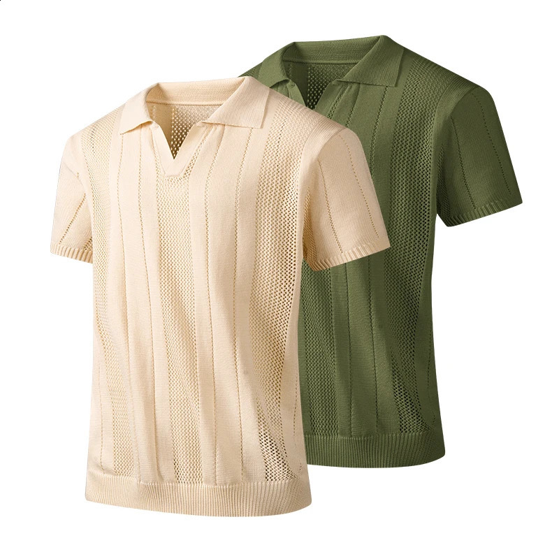 Summer woven striped knit shirt with collar paired with short sleeved polo shirt hollow mesh breathable T-shirt 250411