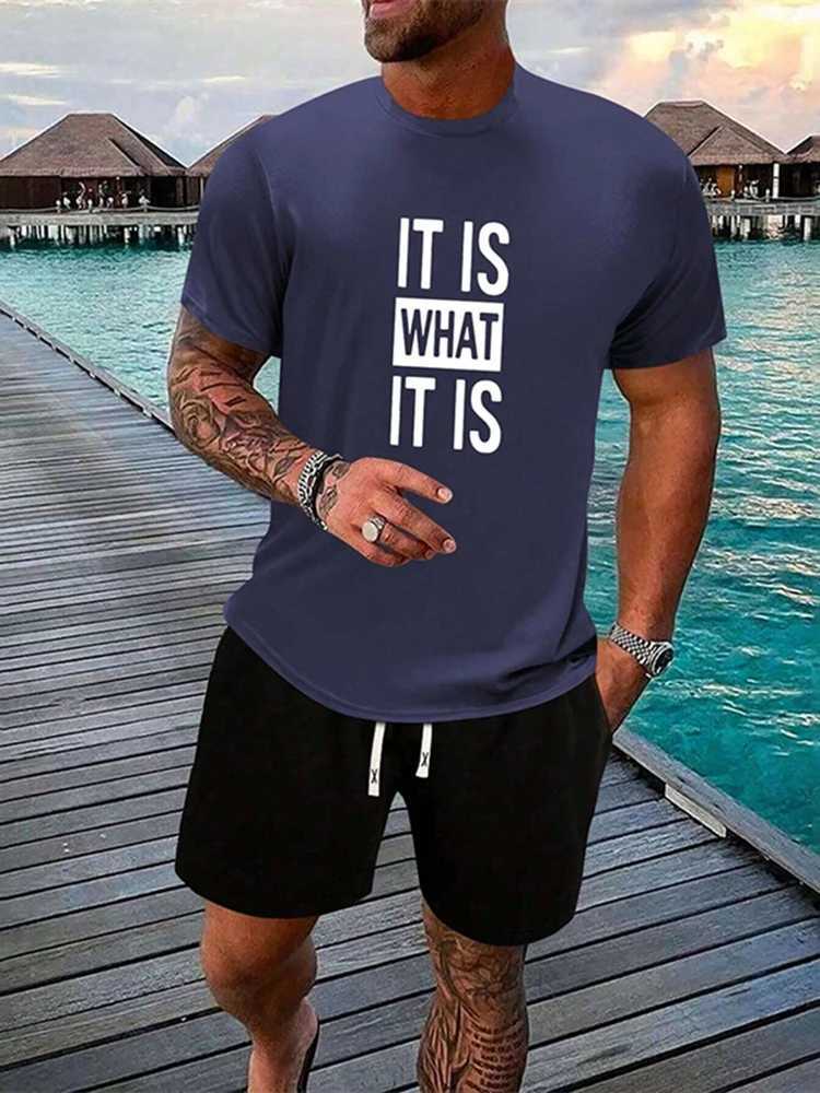 Simple cross print summer casual short sleeved set T-shirt color round neck short sleeved mens 2-piece setXJ250412