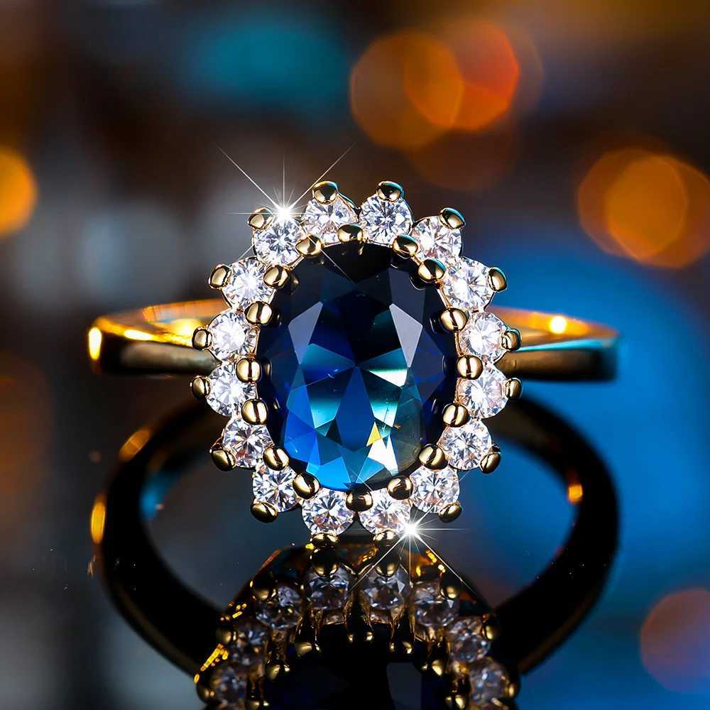 Luxury Womens Crystal Blue Oval Zircon Engagement Ring Vintage Gold Colorful Womens Wedding JewelryXJ250412