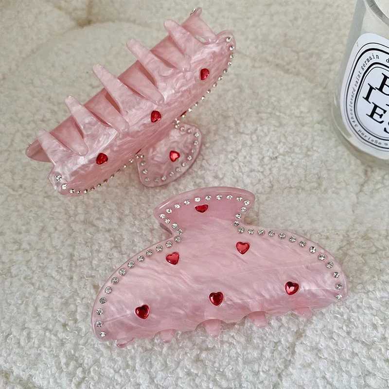 DuoShang Sweet Rhinestone Heart Powder Hair Clip Acetate Claw Clip Valentines Day Gift Crab Hair Clip Y2504012