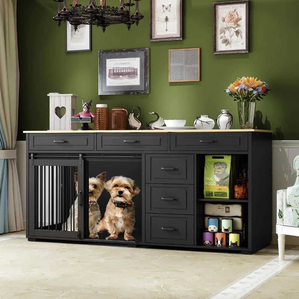 Dog box with storage function 72.4-inch wooden heavy-duty dog shelter table furniture with drawers and shelves indoor dog house TV X250412