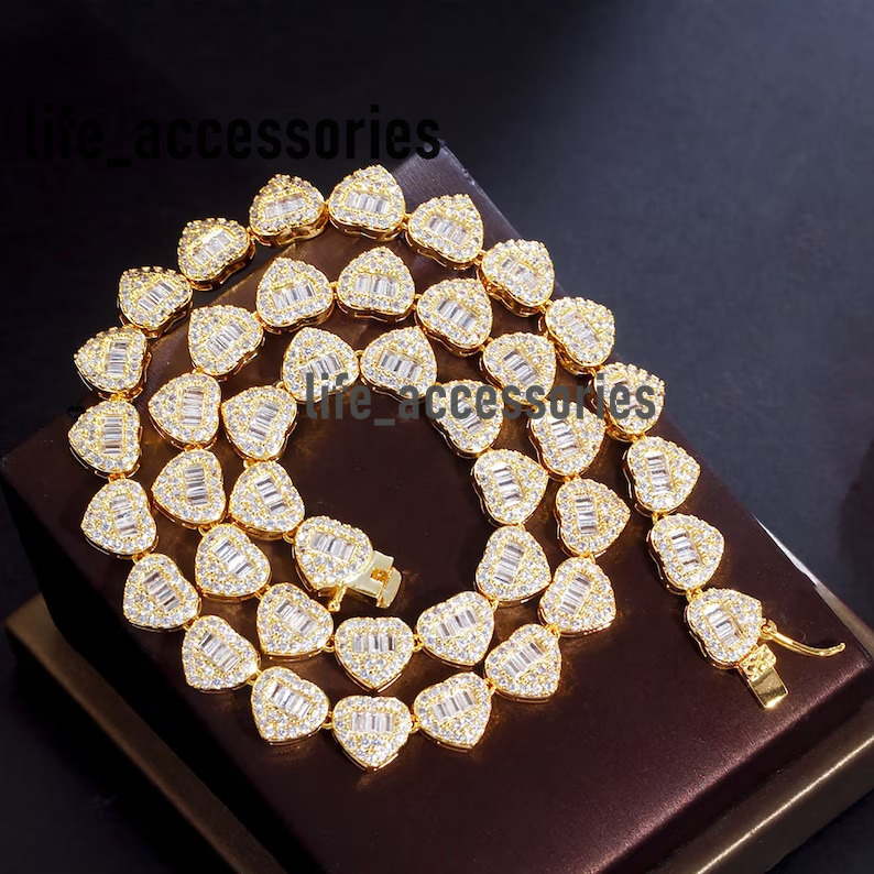 Full Iced Out Tennis Chain VVS Baguette Cluster Heart Shape Hiphop 925 Silver Moissanite Tennis Chain