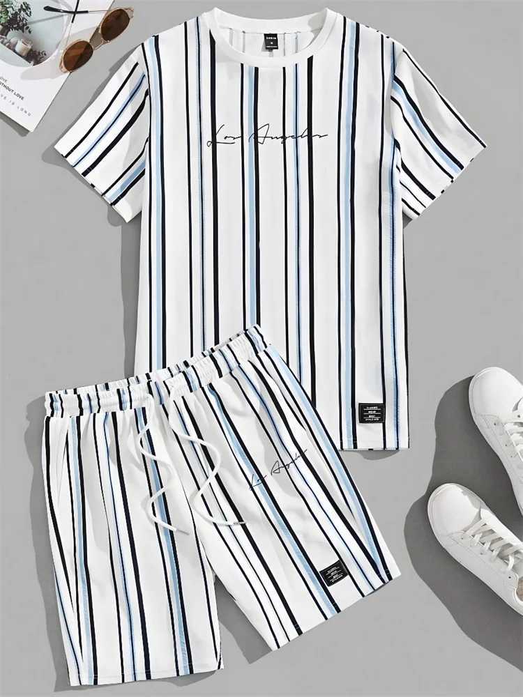 Summer 3D striped printed mens suit casual daily mens short sleeved T-shirt city street mens fashionable beach shortsXJ250412