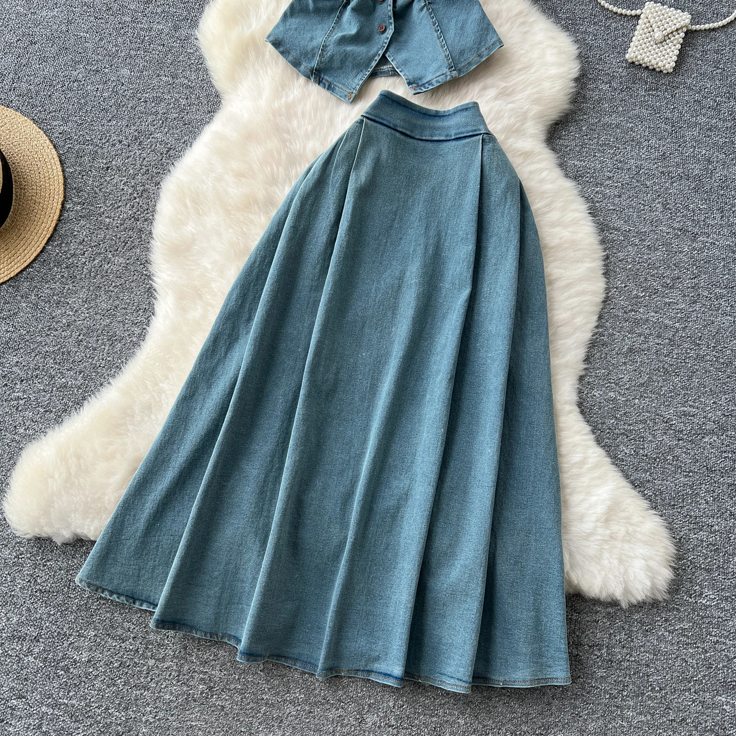 Denim 2 Piece Sets Woman Turn Down Collar Sleeveless Single Breasted Tops High Waist Pleated Skirt Summer 2025 Sweet Suit 250411