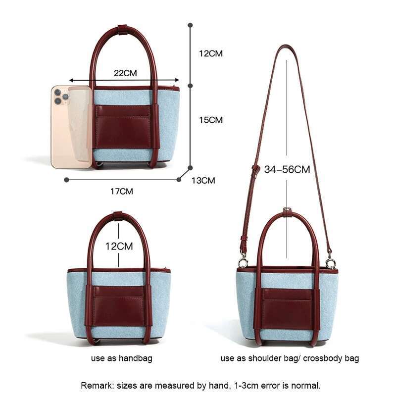 2024 New Women Bag Lady Summer Mini Basket Handbag Tote Female Denim Fabric With Genuine Leather Cross-Body Shoulder Messenger