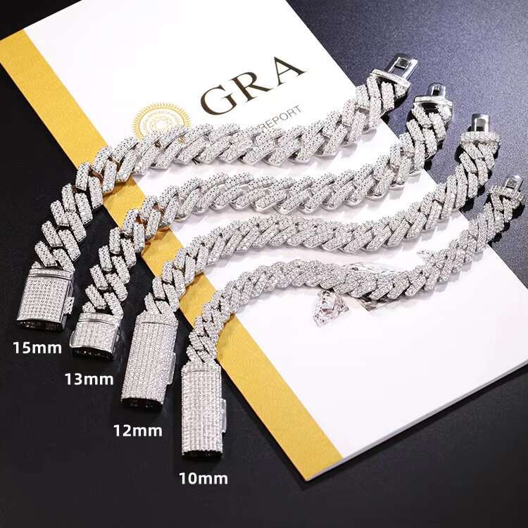 Yu Ying Gold Plated 13mm Wide Iced Out Moissanite Diamonds 2 Rows Cuban Link Chain Bracelet S925 Sterling Silver Jewelry